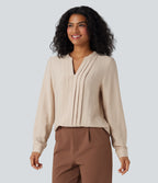 V-neck Long Sleeve Pleated Relaxed Fit Work Blouse — Smoke Gray — view 1