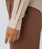 V-neck Long Sleeve Pleated Relaxed Fit Work Blouse — Smoke Gray — view 6