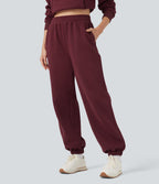 Foldover High Waisted Drawstring Fleece Casual Joggers with Pockets — Chocolate Truffle — view 3
