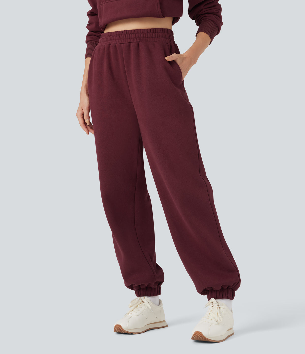Foldover High Waisted Drawstring Fleece Casual Joggers with Pockets — Chocolate Truffle — view 3