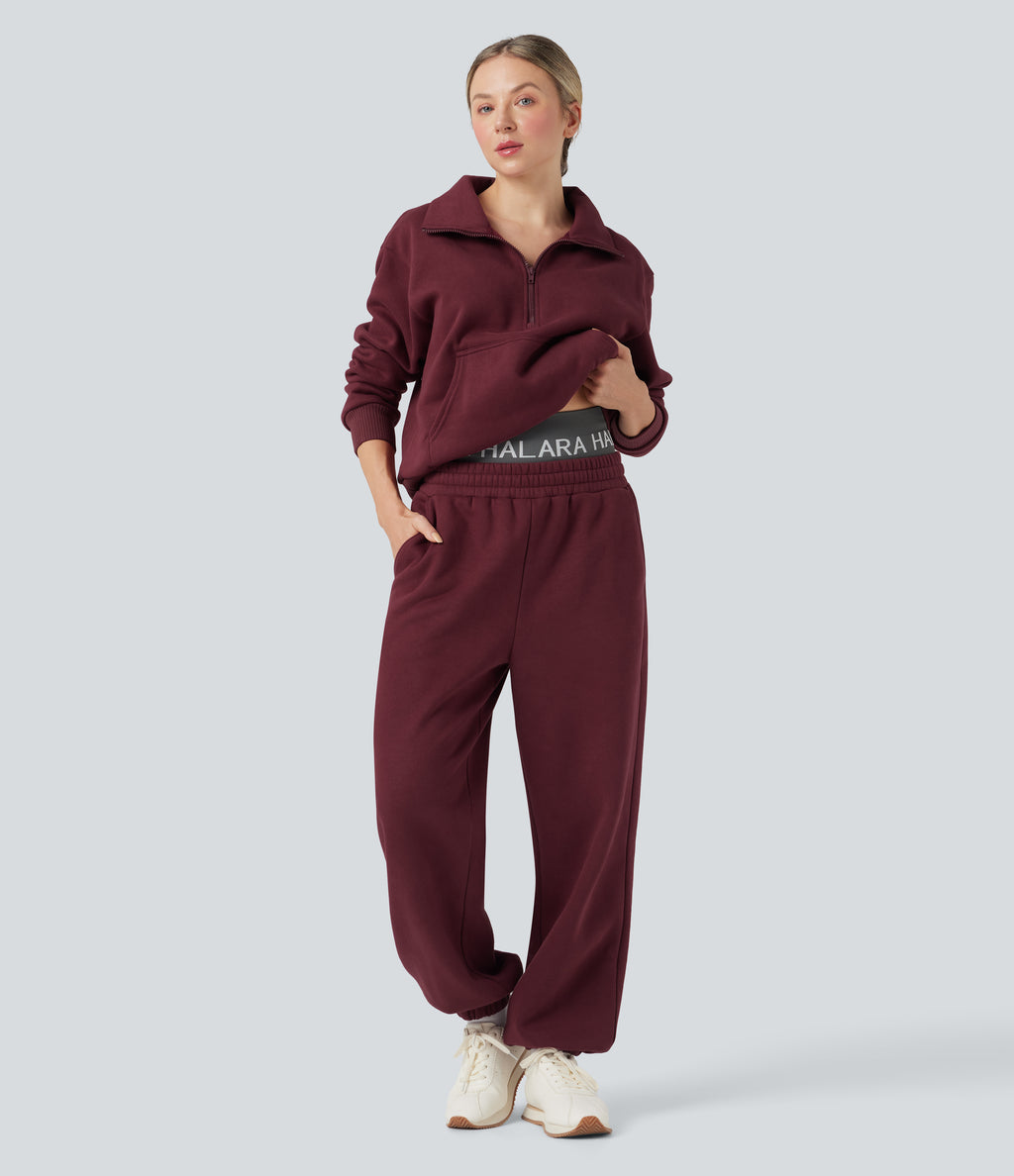 Foldover High Waisted Drawstring Fleece Casual Joggers with Pockets — Chocolate Truffle — view 7
