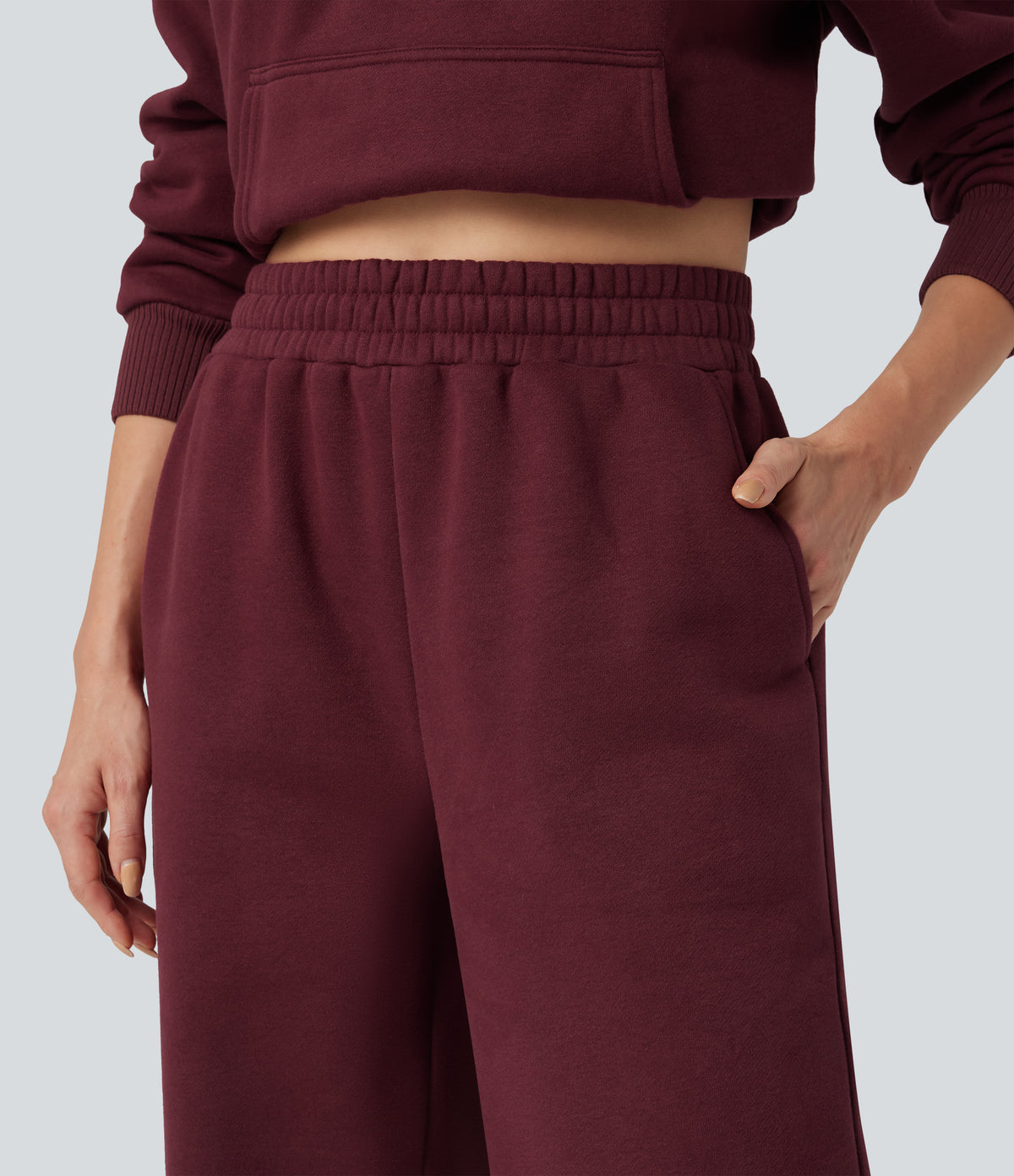 Foldover High Waisted Drawstring Fleece Casual Joggers with Pockets — Chocolate Truffle — view 5