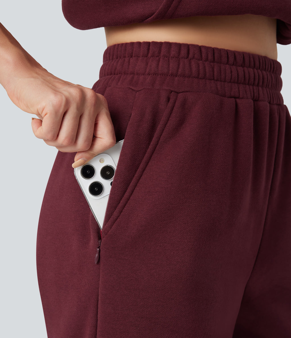 Foldover High Waisted Drawstring Fleece Casual Joggers with Pockets — Chocolate Truffle — view 6