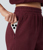 Foldover High Waisted Drawstring Fleece Casual Joggers with Pockets — Chocolate Truffle — view 6