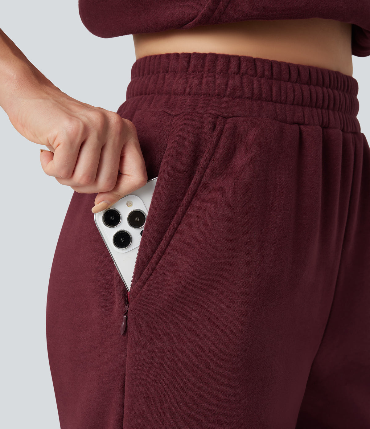 Foldover High Waisted Drawstring Fleece Casual Joggers with Pockets — Chocolate Truffle — view 6