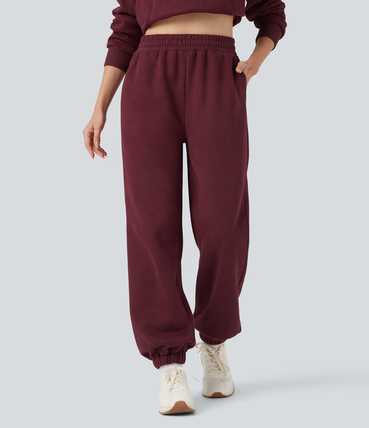Foldover High Waisted Drawstring Fleece Casual Joggers with Pockets — Chocolate Truffle — view 2