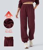 Foldover High Waisted Drawstring Fleece Casual Joggers with Pockets — Chocolate Truffle — view 1
