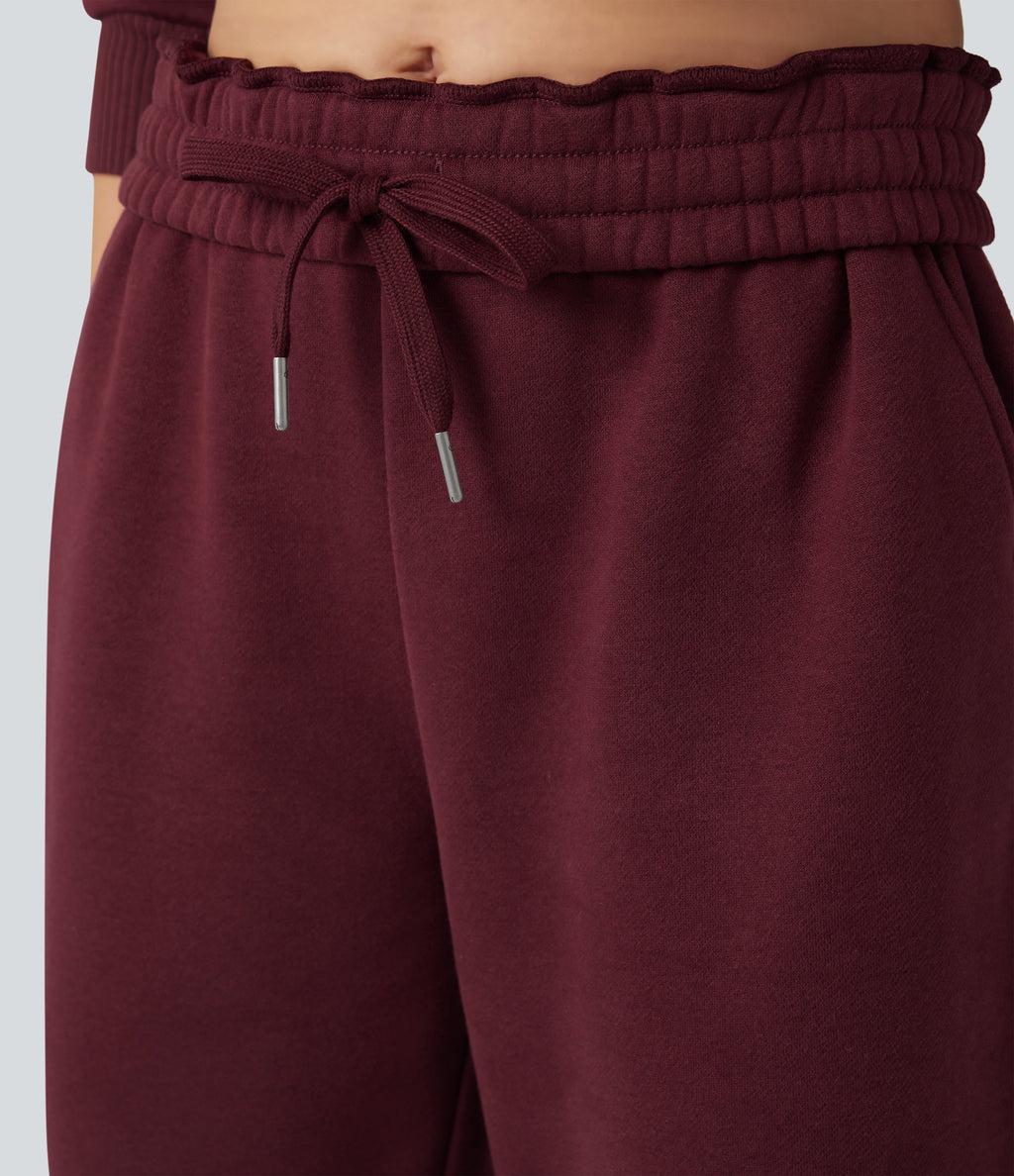Foldover High Waisted Drawstring Fleece Casual Joggers with Pockets — Chocolate Truffle — view 4