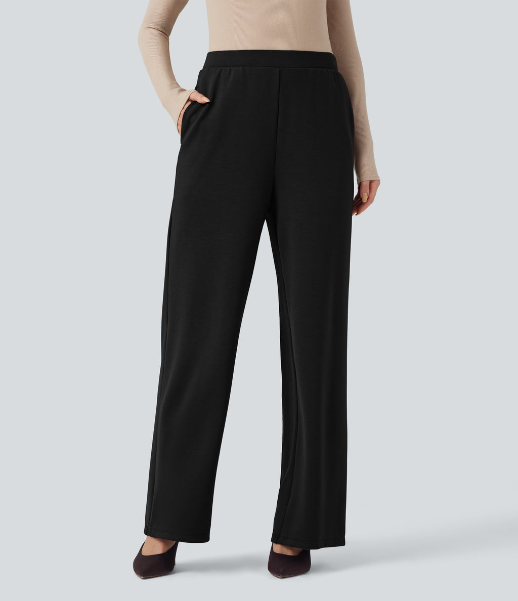 SpacerTek High Waisted Wide Leg Work Trousers with Pockets — Black — view 7