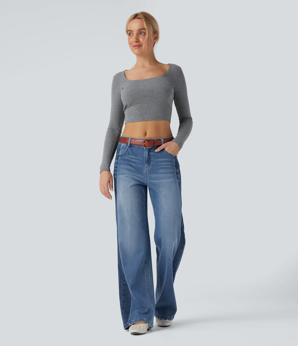 Low Rise Color Block Wide Leg Casual Jeans with Pockets — Vallarta Blue Denim — view 6
