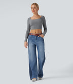 Low Rise Color Block Wide Leg Casual Jeans with Pockets — Vallarta Blue Denim — view 6