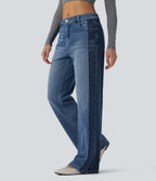 Low Rise Color Block Wide Leg Casual Jeans with Pockets — Vallarta Blue Denim — view 3