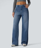 Low Rise Color Block Wide Leg Casual Jeans with Pockets — Vallarta Blue Denim — view 1