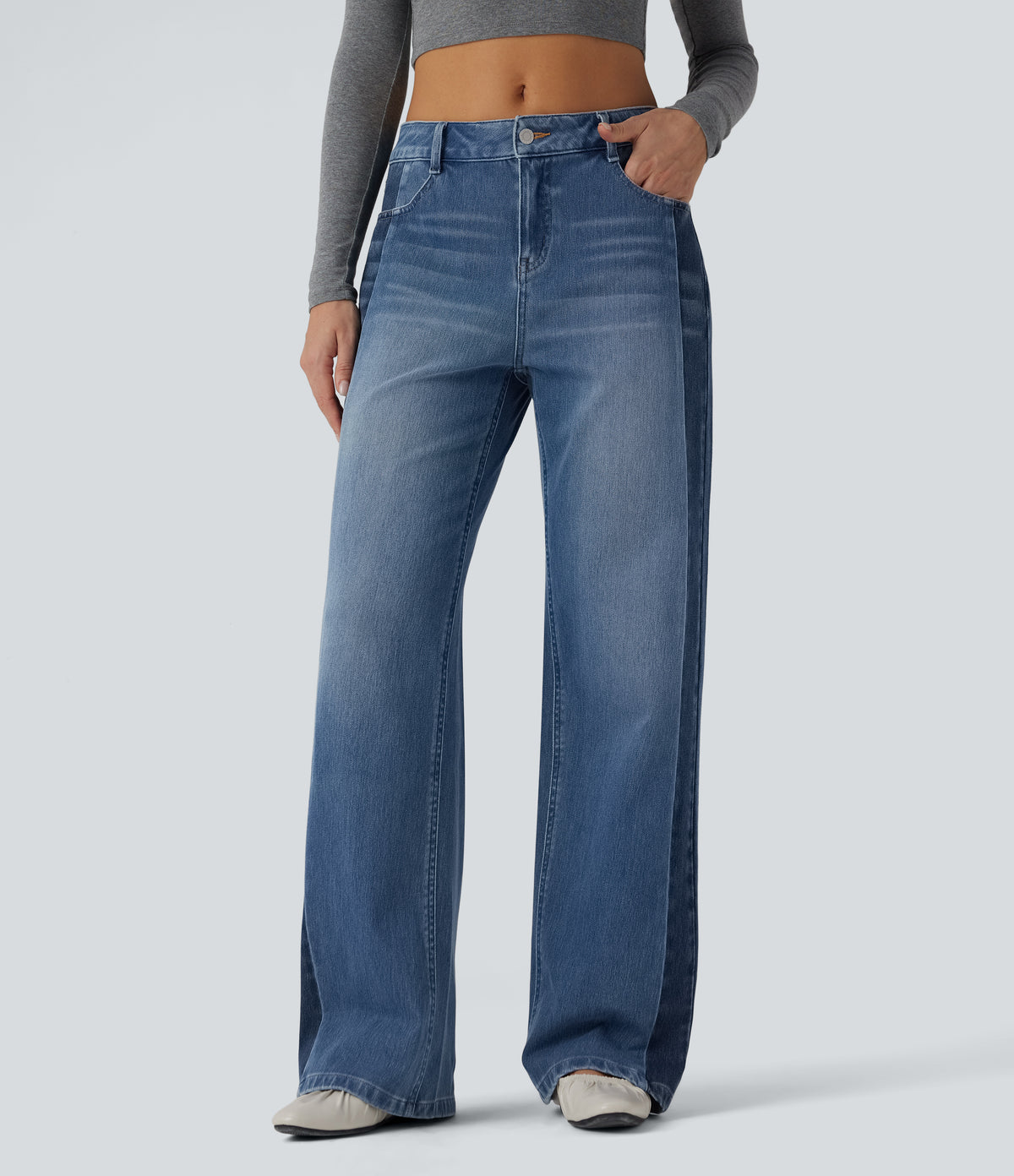 Low Rise Color Block Wide Leg Casual Jeans with Pockets — Vallarta Blue Denim — view 1