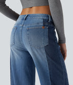 Low Rise Color Block Wide Leg Casual Jeans with Pockets — Vallarta Blue Denim — view 5