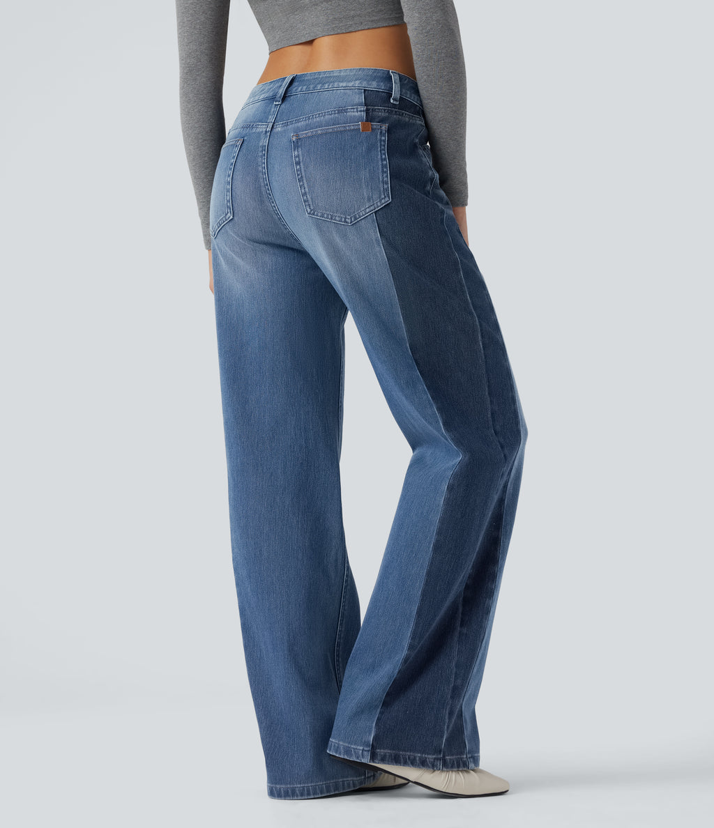 Low Rise Color Block Wide Leg Casual Jeans with Pockets — Vallarta Blue Denim — view 2
