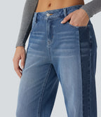 Low Rise Color Block Wide Leg Casual Jeans with Pockets — Vallarta Blue Denim — view 4