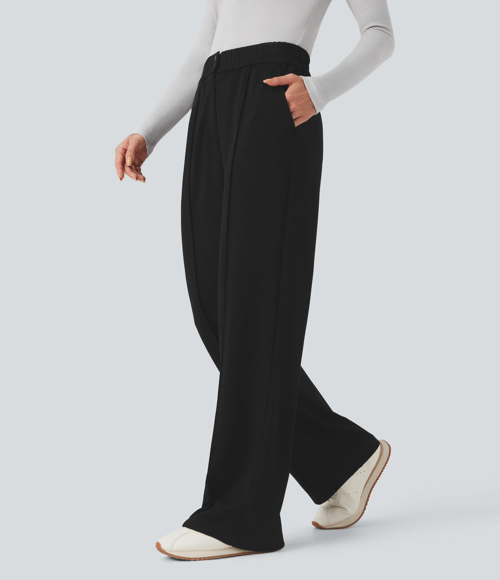 High Waisted Straight Leg Work Trousers with Pockets — Black — view 3