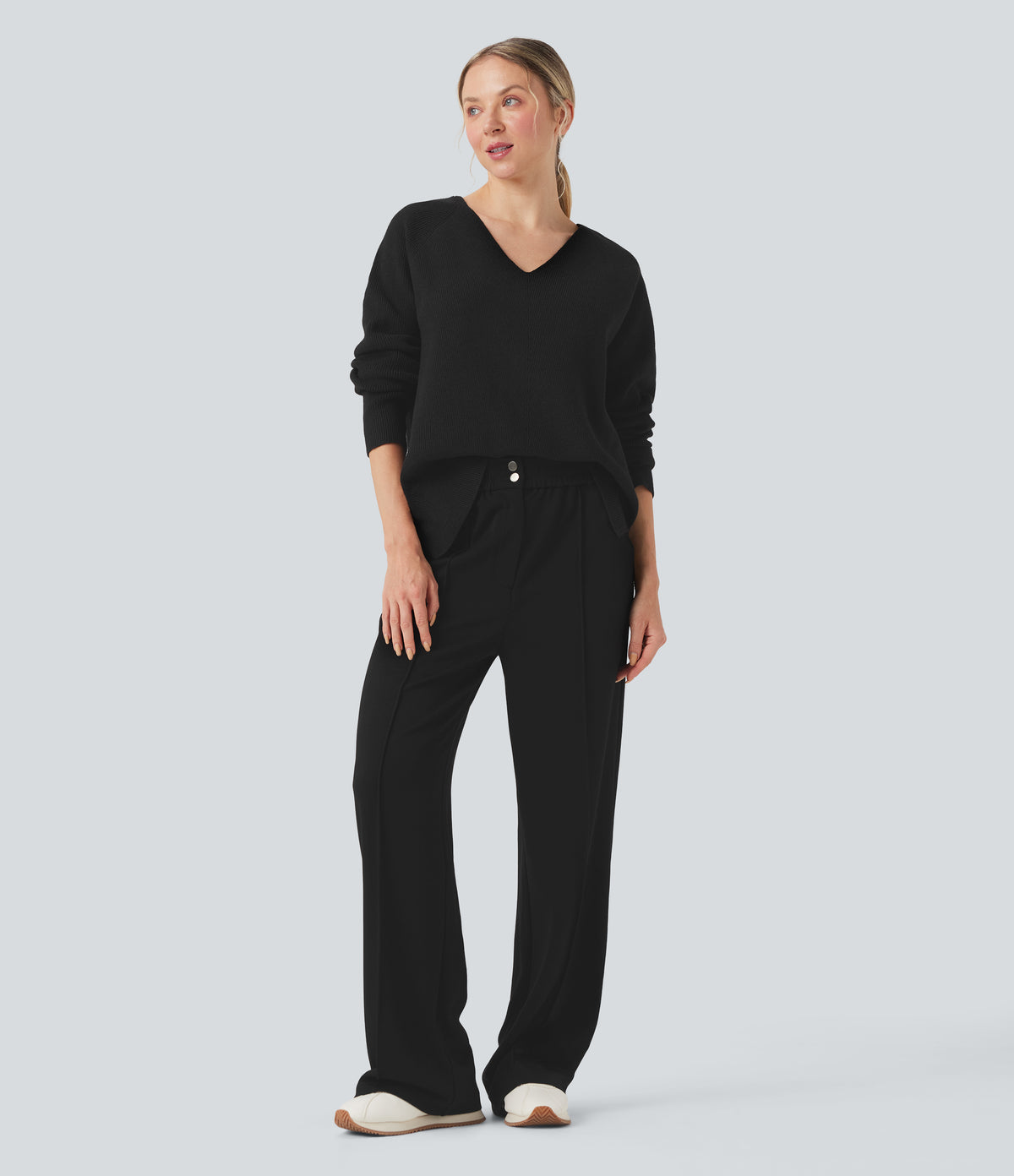 High Waisted Straight Leg Work Trousers with Pockets — Black — view 6