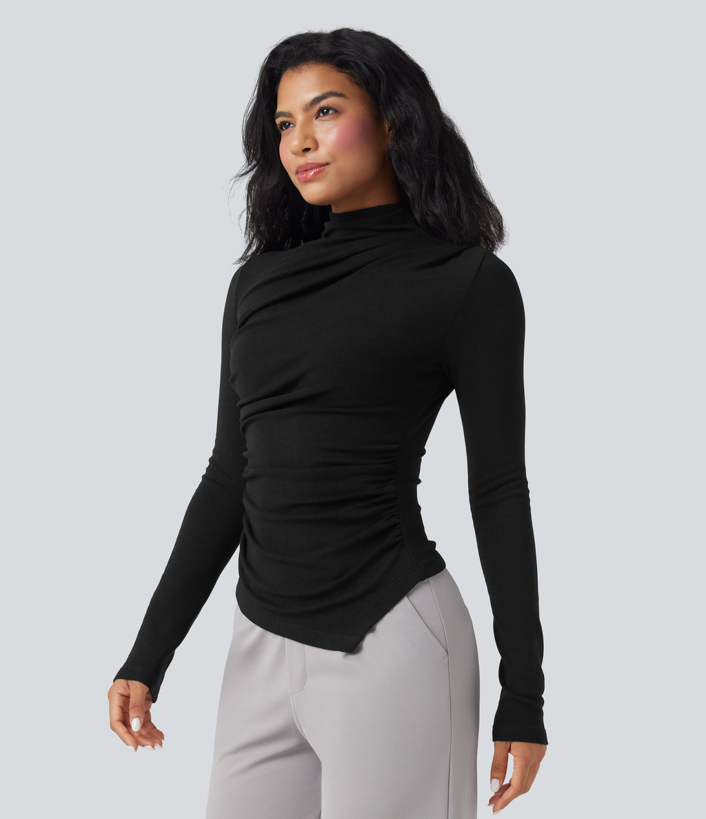 Mock-neck Long Sleeve Ruched Asymmetric Hem Thermal Casual Top — Black — view 2