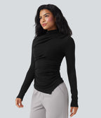 Mock-neck Long Sleeve Ruched Asymmetric Hem Thermal Casual Top — Black — view 2