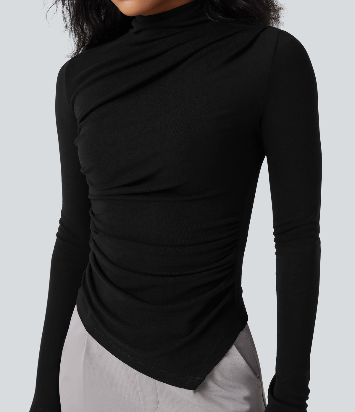 Mock-neck Long Sleeve Ruched Asymmetric Hem Thermal Casual Top — Black — view 4