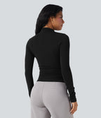 Mock-neck Long Sleeve Ruched Asymmetric Hem Thermal Casual Top — Black — view 3