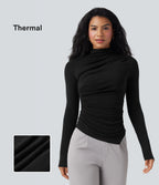 Mock-neck Long Sleeve Ruched Asymmetric Hem Thermal Casual Top — Black — view 1