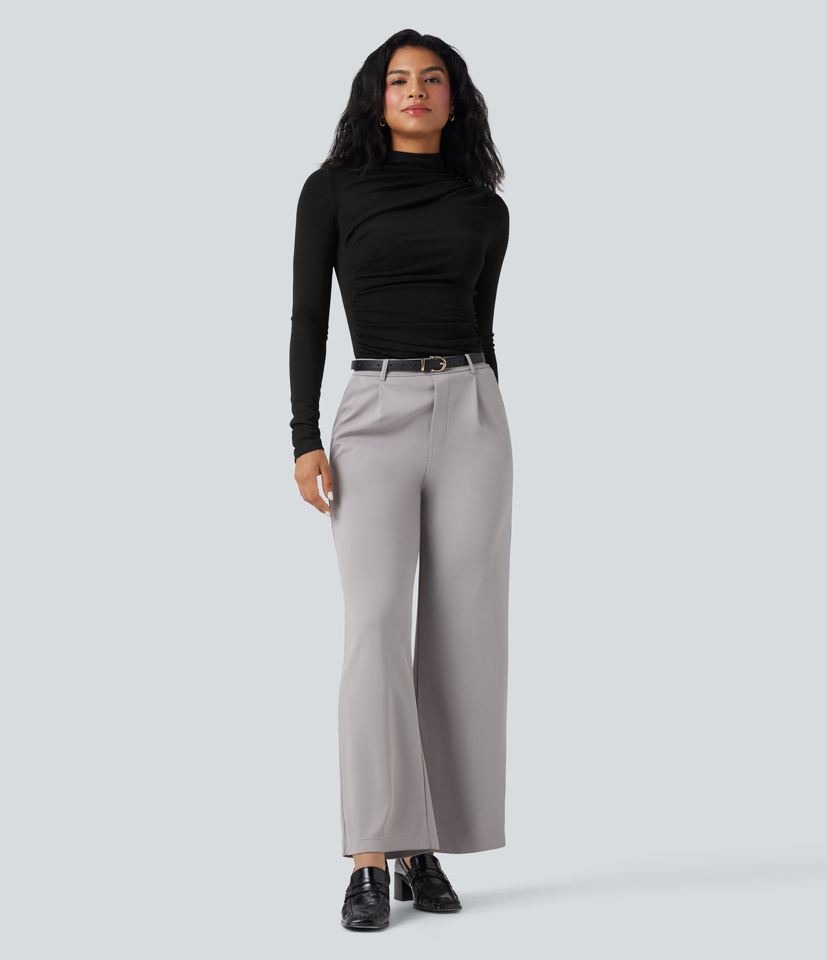 Mock-neck Long Sleeve Ruched Asymmetric Hem Thermal Casual Top — Black — view 5