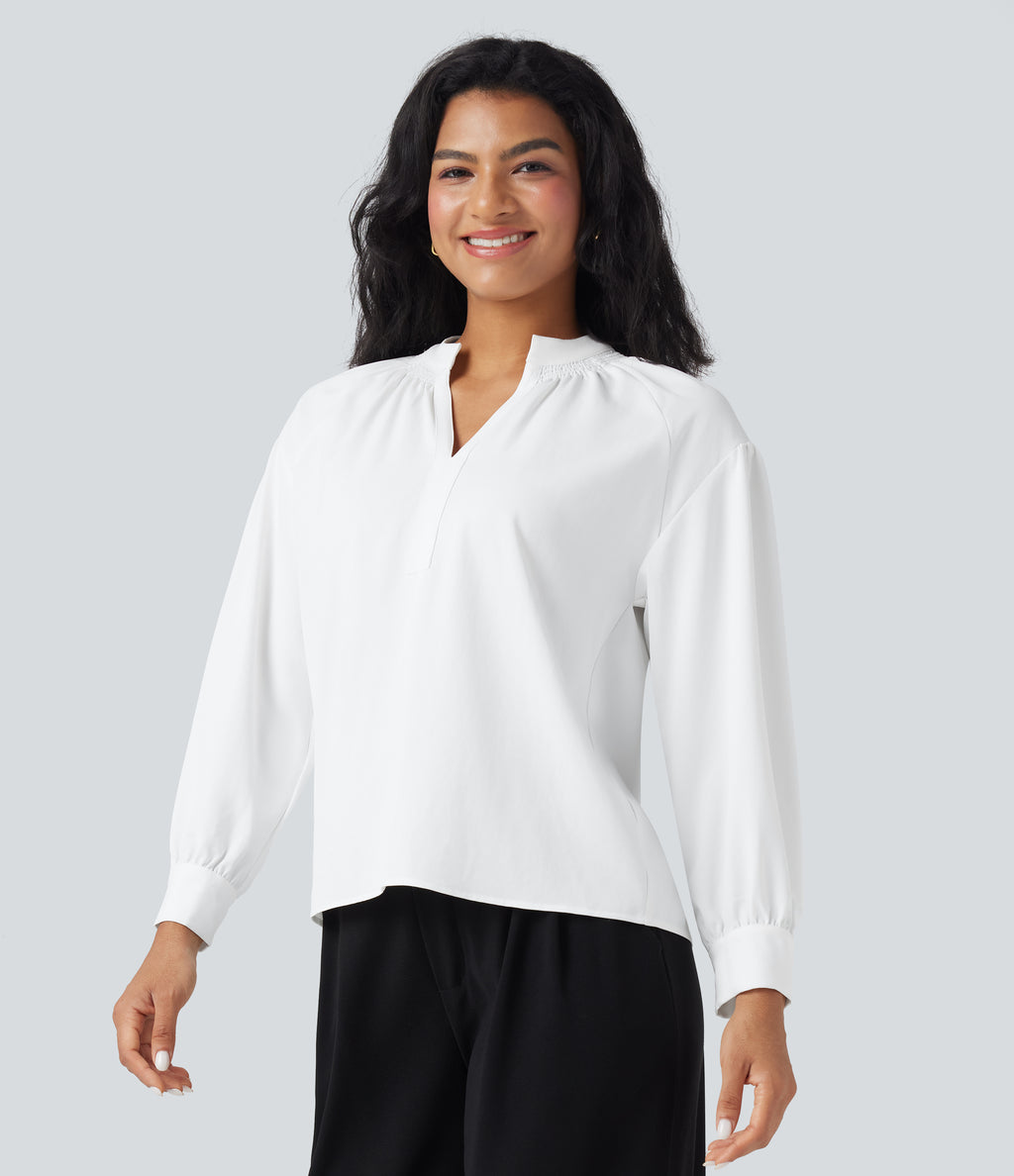 V Neck Long Sleeve Work Shirt — White — view 3