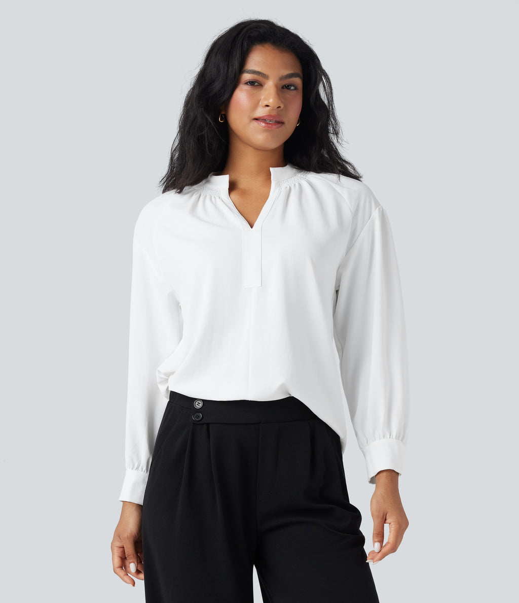 V Neck Long Sleeve Work Shirt — White — view 1