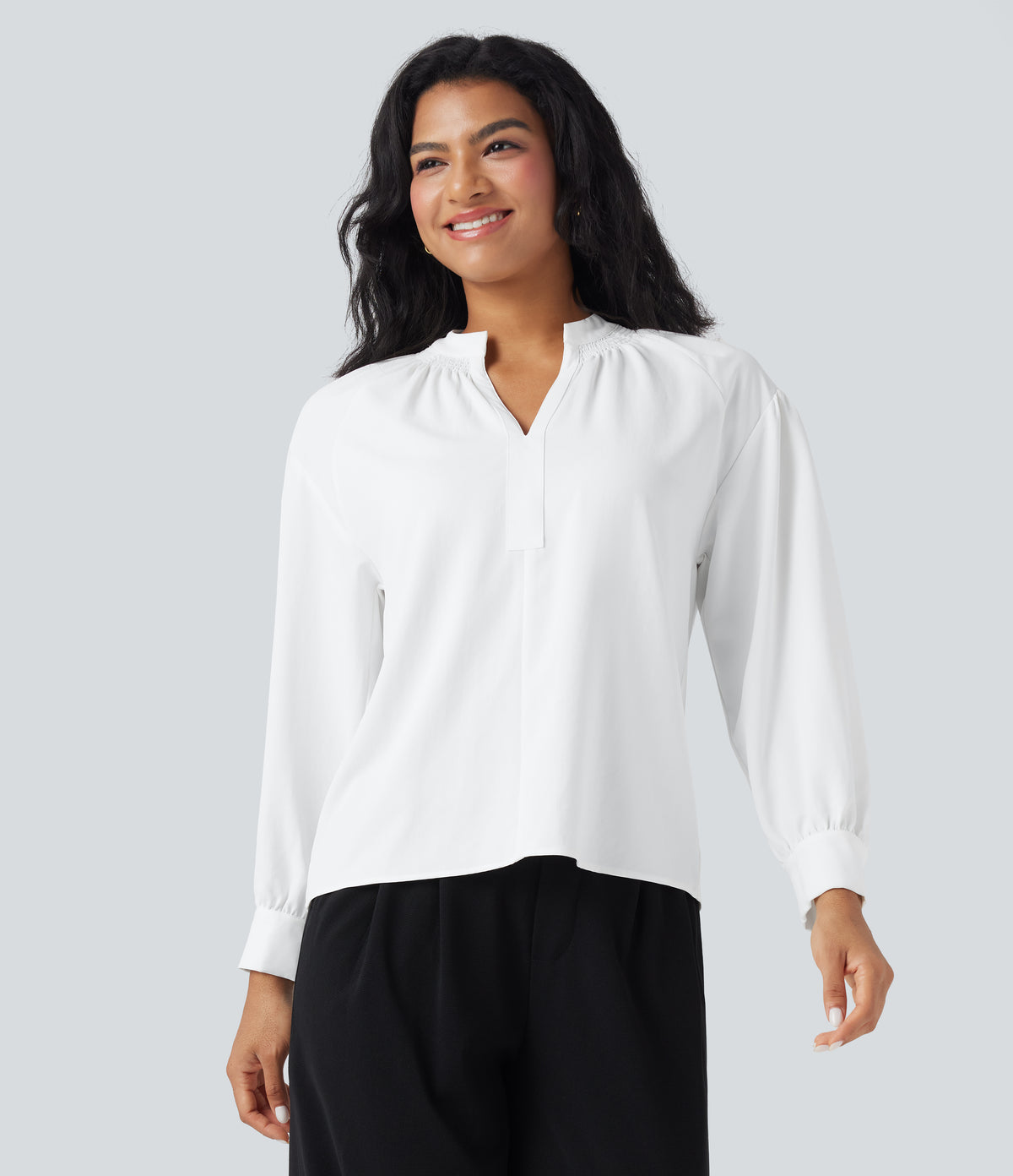 V Neck Long Sleeve Work Shirt — White — view 4