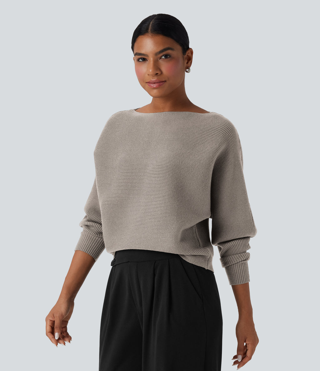 Boat Neck Batwing Sleeve Casual Jumper — Chateau Gray — view 3