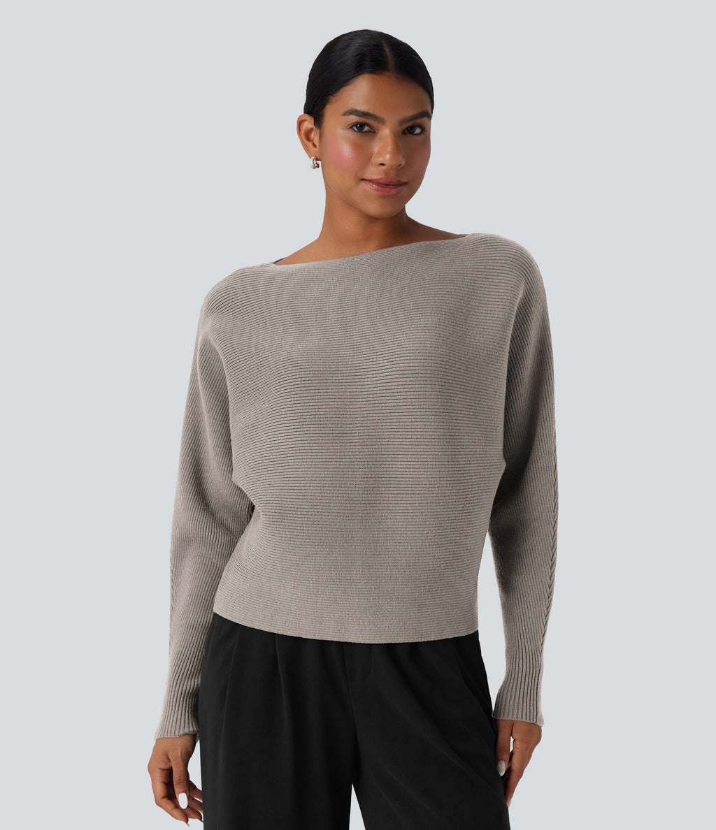Boat Neck Batwing Sleeve Casual Jumper — Chateau Gray — view 5