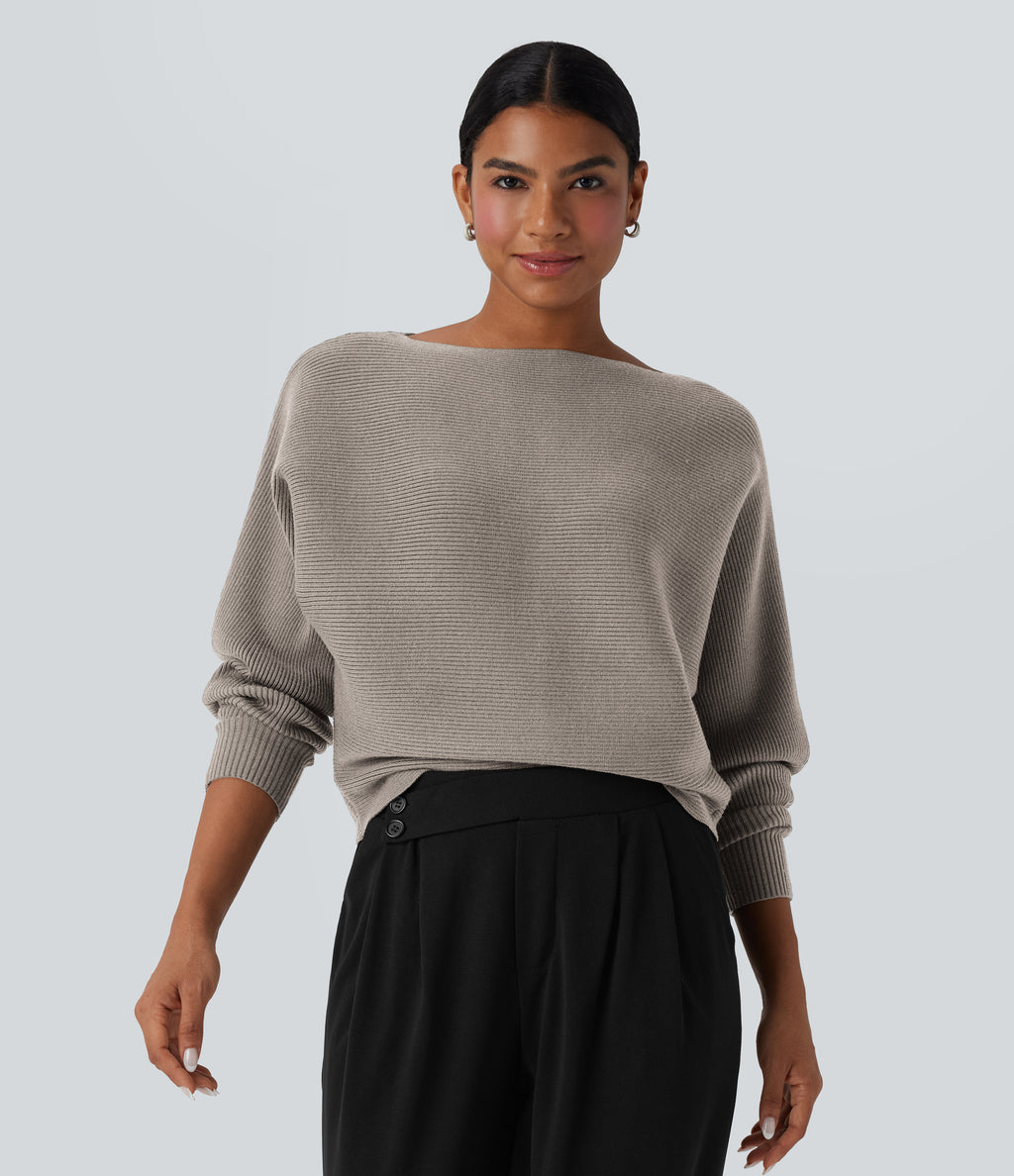 Boat Neck Batwing Sleeve Casual Jumper — Chateau Gray — view 1
