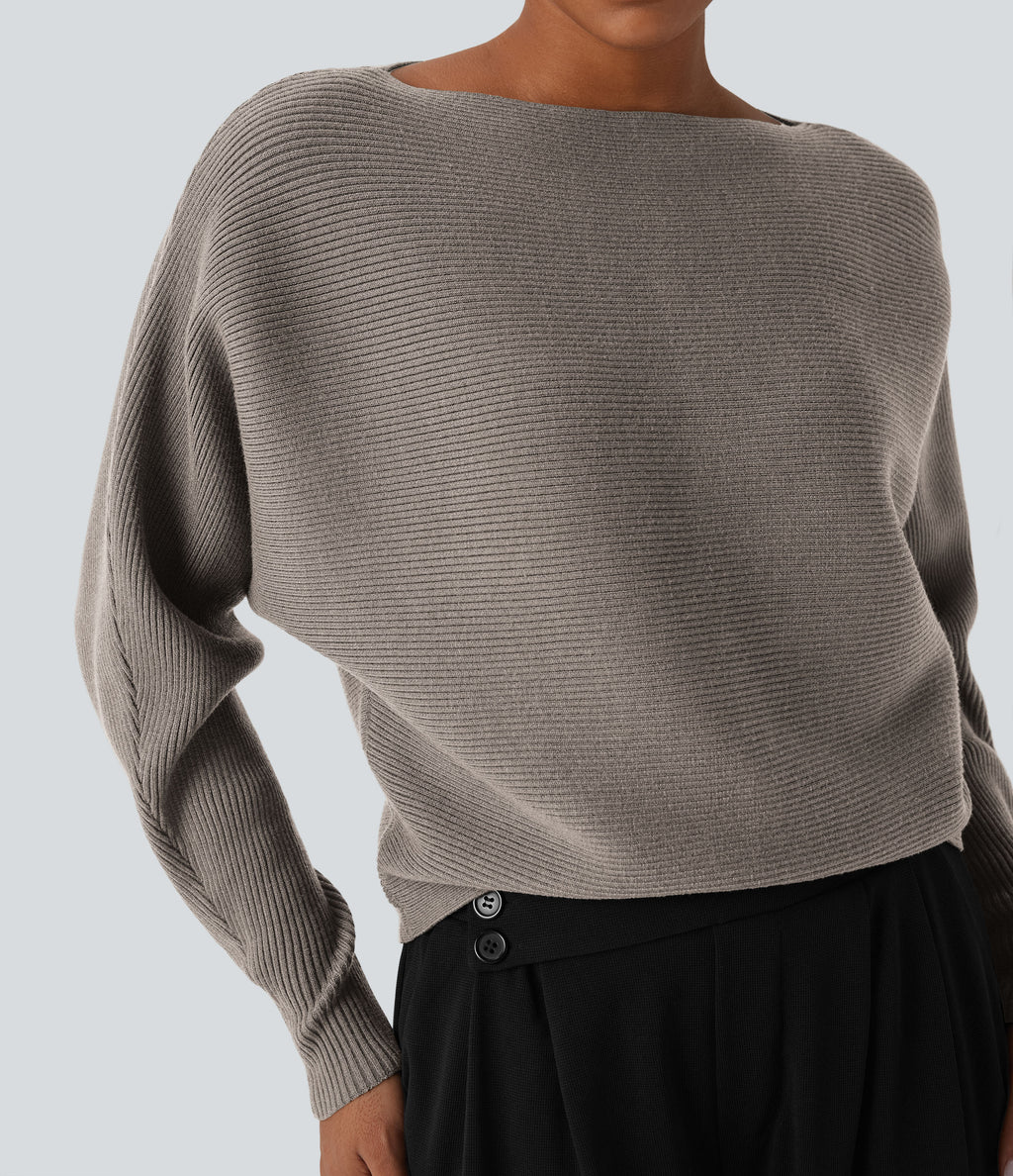 Boat Neck Batwing Sleeve Casual Jumper — Chateau Gray — view 4