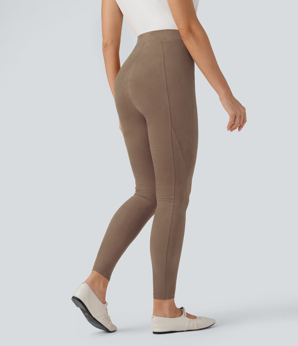 High Waisted Tummy Control Suede 7/8 Casual Leggings with Pockets — Coca Mocha — view 2