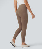 High Waisted Tummy Control Suede 7/8 Casual Leggings with Pockets — Coca Mocha — view 2