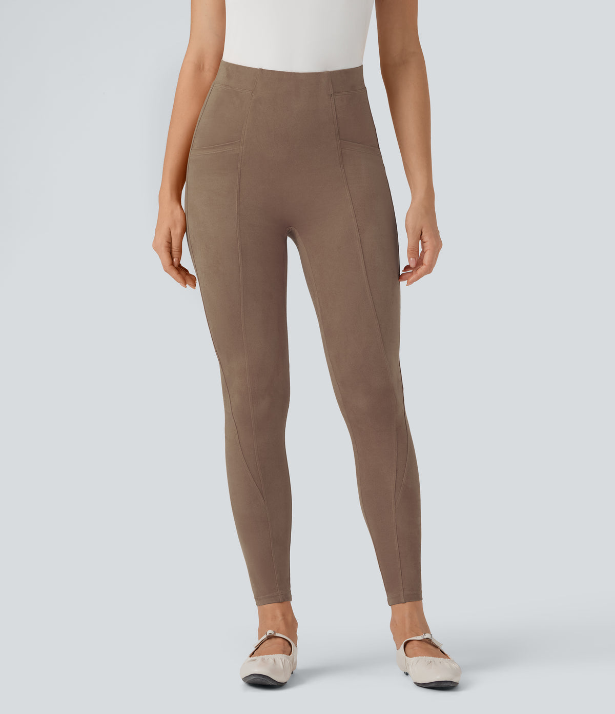High Waisted Tummy Control Suede 7/8 Casual Leggings with Pockets — Coca Mocha — view 4