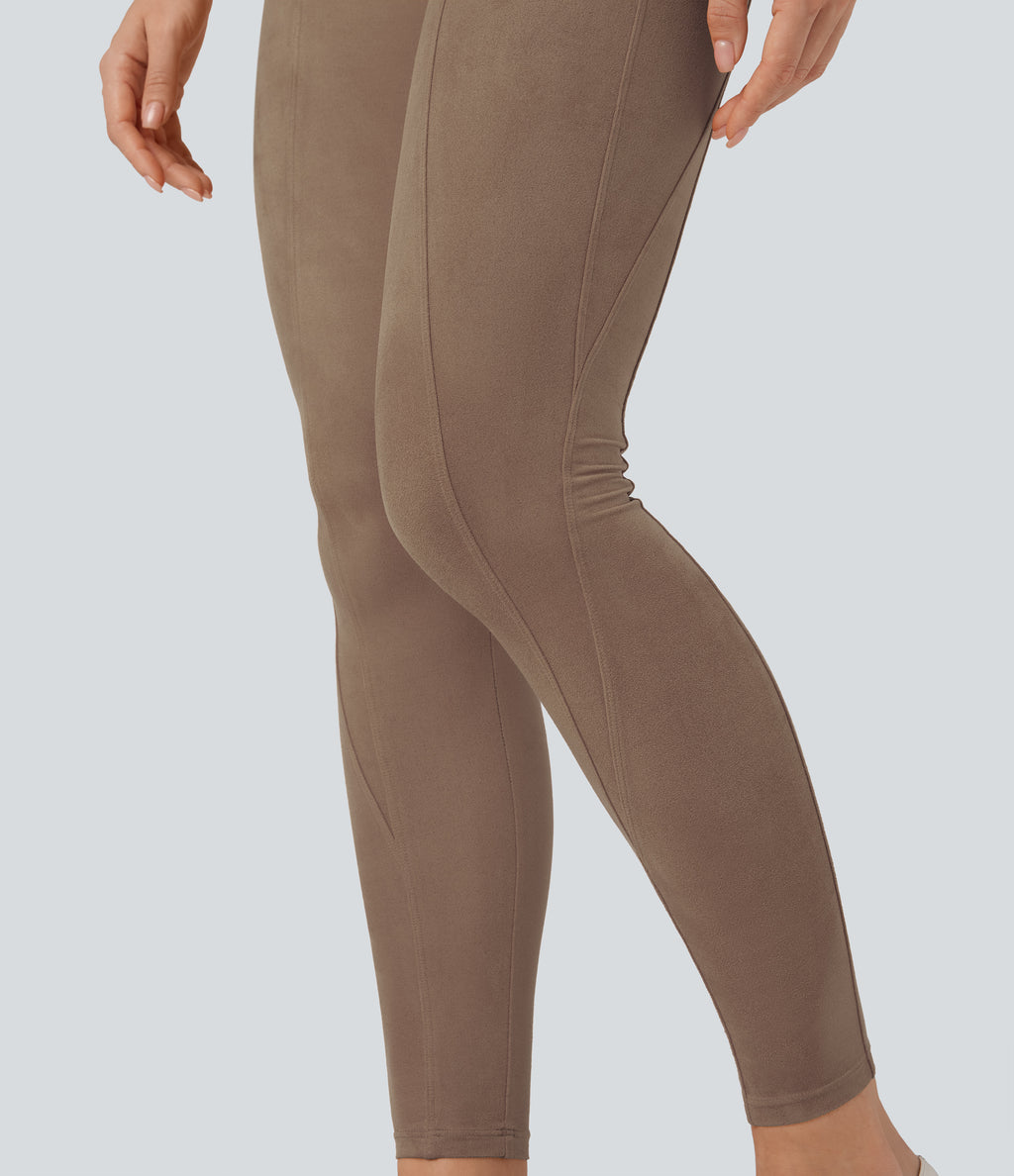 High Waisted Tummy Control Suede 7/8 Casual Leggings with Pockets — Coca Mocha — view 7