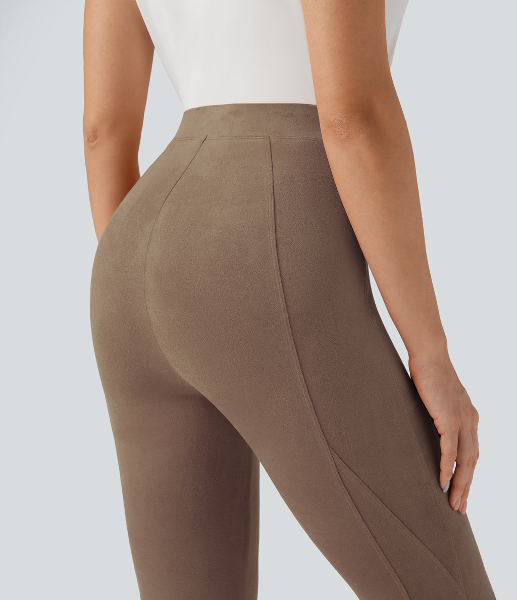 High Waisted Tummy Control Suede 7/8 Casual Leggings with Pockets — Coca Mocha — view 6