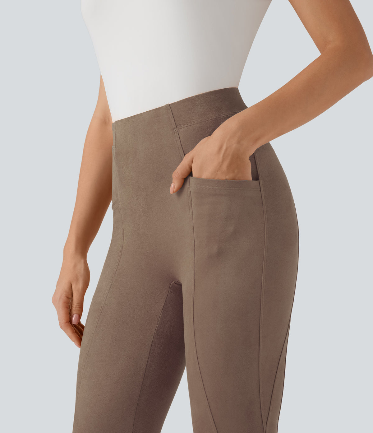 High Waisted Tummy Control Suede 7/8 Casual Leggings with Pockets — Coca Mocha — view 5