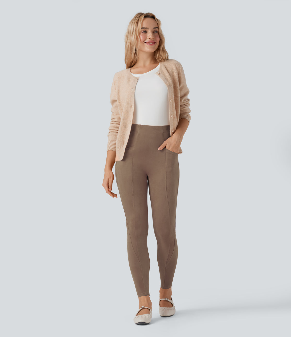 High Waisted Tummy Control Suede 7/8 Casual Leggings with Pockets — Coca Mocha — view 8