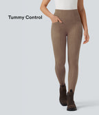 High Waisted Tummy Control Suede 7/8 Casual Leggings with Pockets — Coca Mocha — view 1