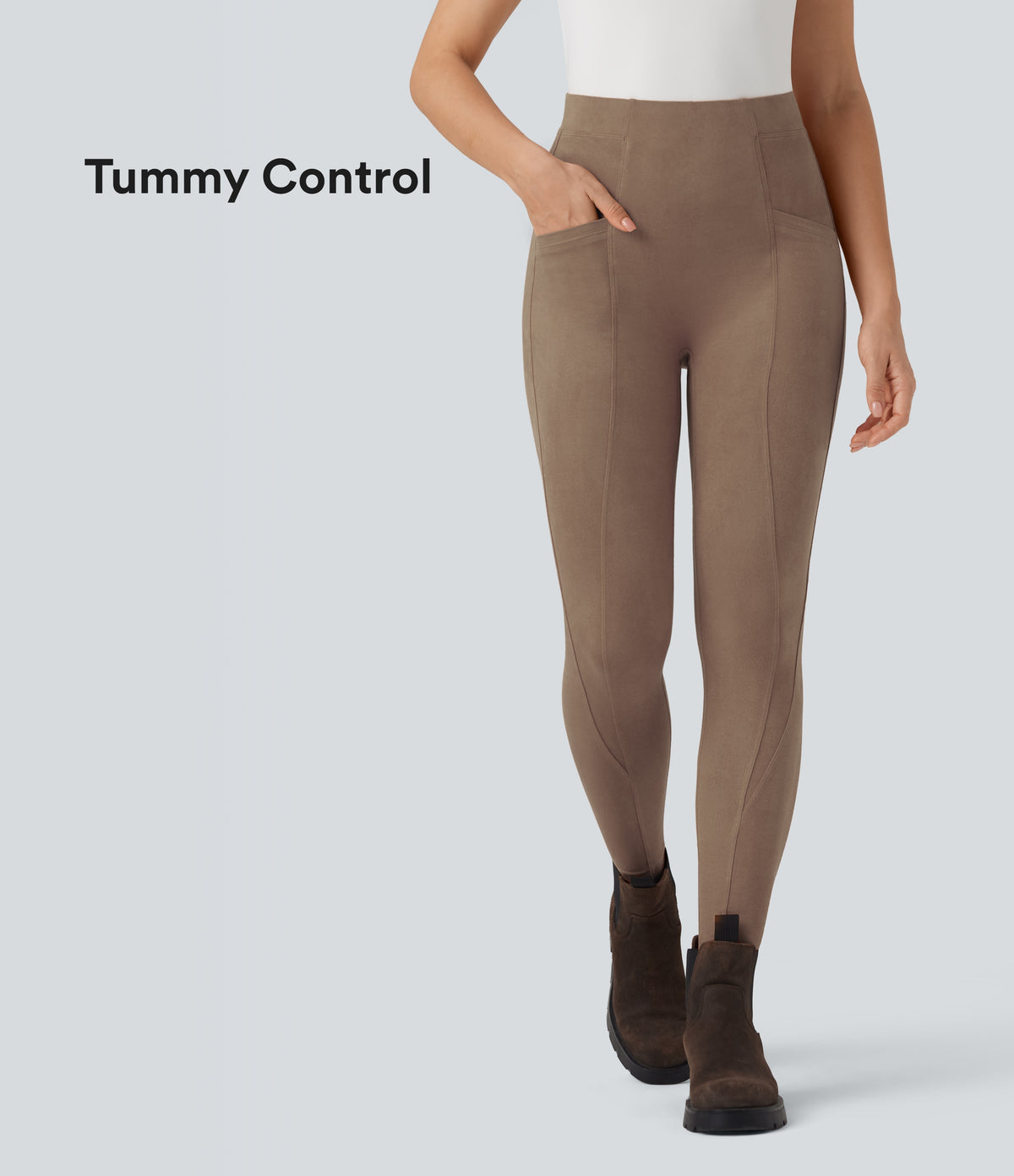 High Waisted Tummy Control Suede 7/8 Casual Leggings with Pockets — Coca Mocha — view 1