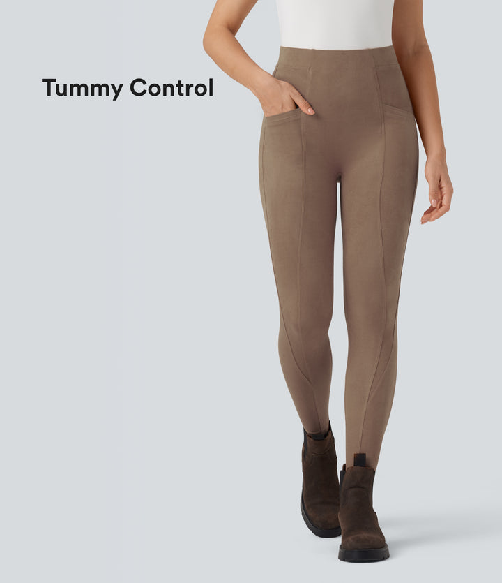 High Waisted Tummy Control Suede 7/8 Casual Leggings with Pockets — Coca Mocha — view 1