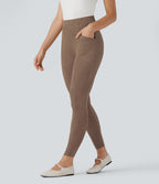 High Waisted Tummy Control Suede 7/8 Casual Leggings with Pockets — Coca Mocha — view 3