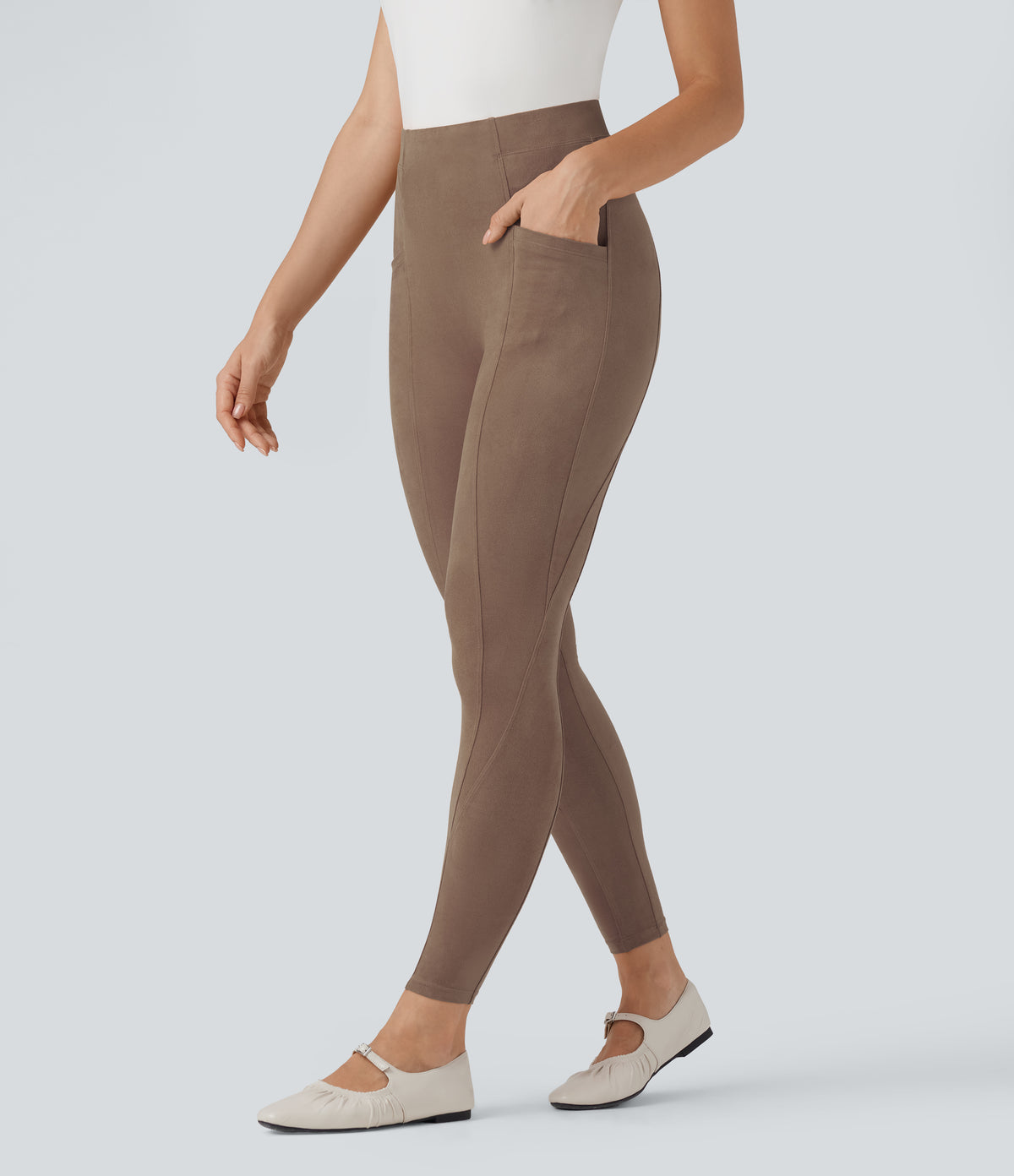 High Waisted Tummy Control Suede 7/8 Casual Leggings with Pockets — Coca Mocha — view 3