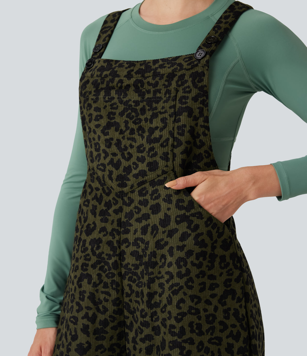 Leopard Print Corduroy Relaxed Casual Dungarees with Pockets — Gray Leopard Denim — view 6