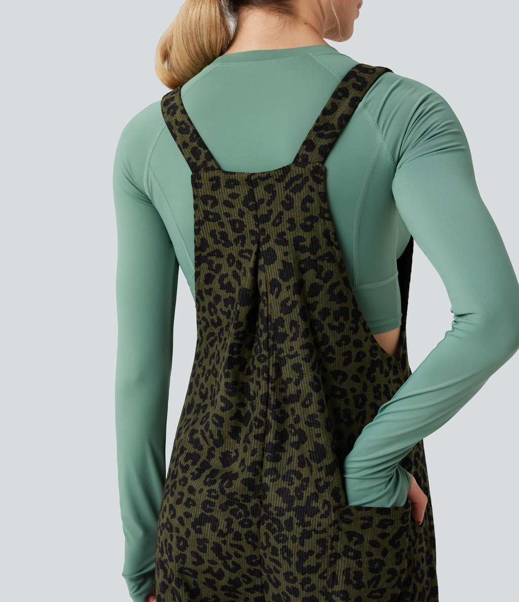 Leopard Print Corduroy Relaxed Casual Dungarees with Pockets — Gray Leopard Denim — view 5